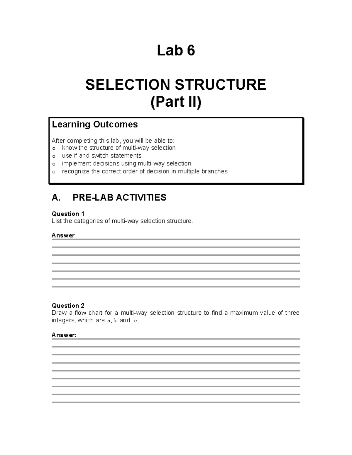 Lab 5 SELECTION STRUCTURE - Comprehensive Learning Notes - Studocu