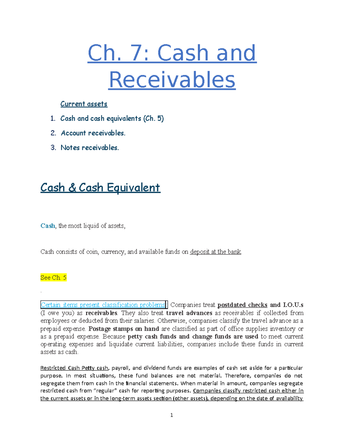 Ch. 7 Summary - Intermediate accounting 1 - Ch. 7: Cash and Receivables ...