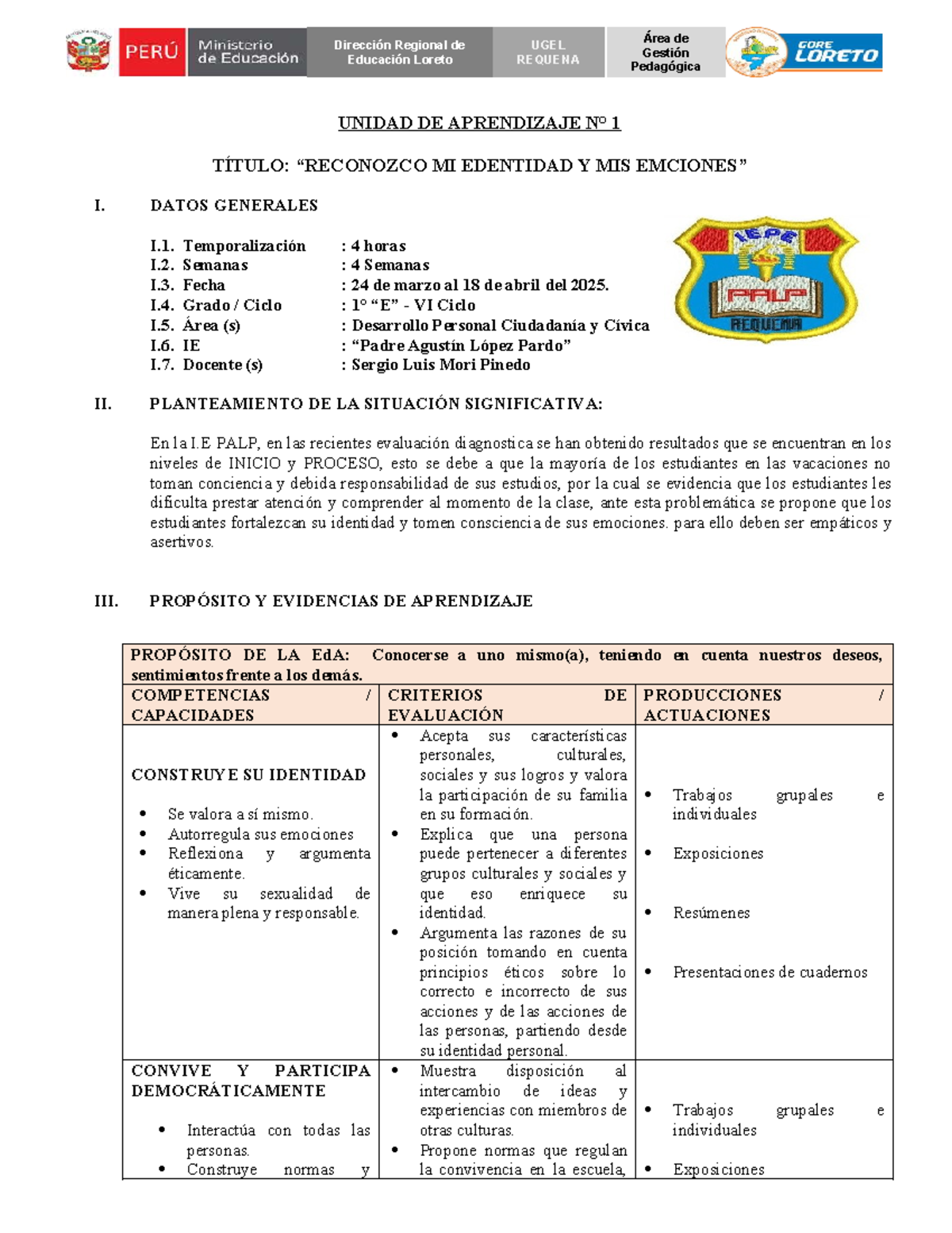 Unidad de Aprendizaje N° 1: Reconozco mi Identidad y Emociones - DPCC ...