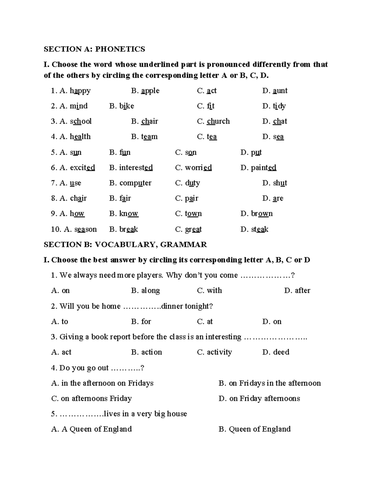 Phonetics & Vocabulary Practice Questions for ESL – TA H H 5/31/23 ...