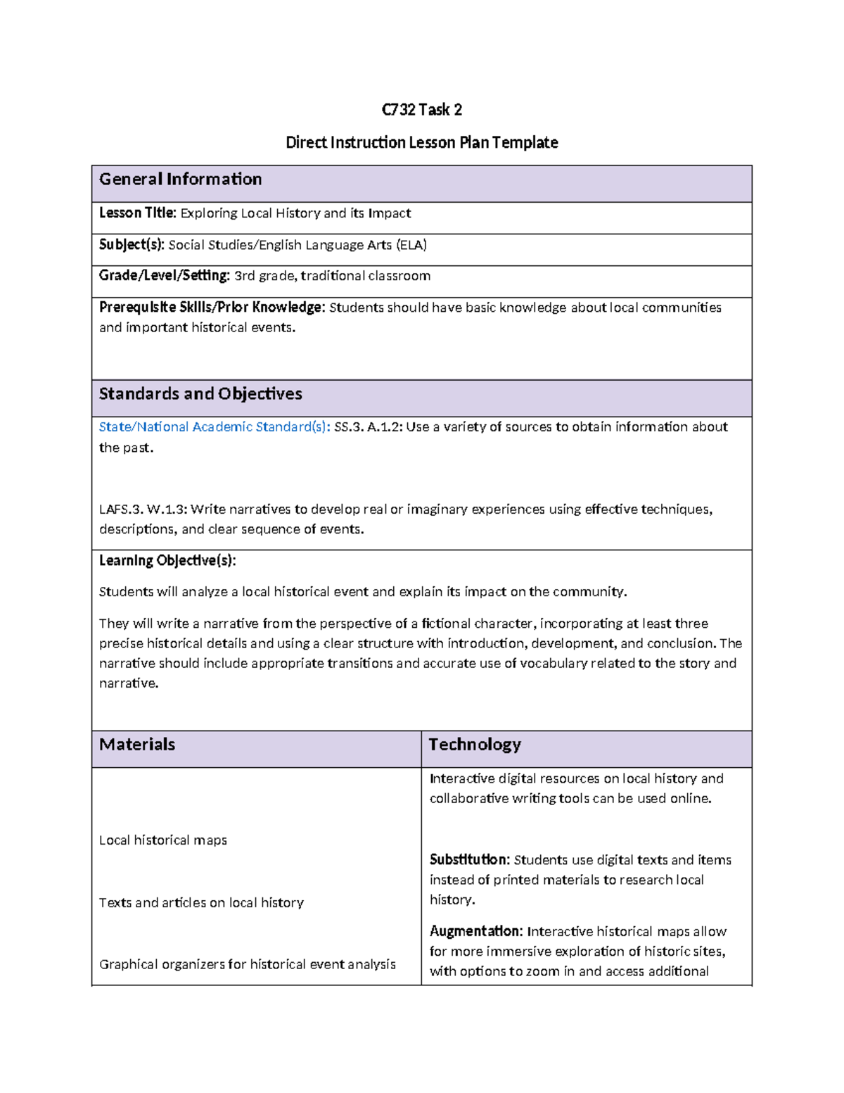 C732 Task 2 Disciplinary Writing - C732 Task 2 Direct Instruction ...