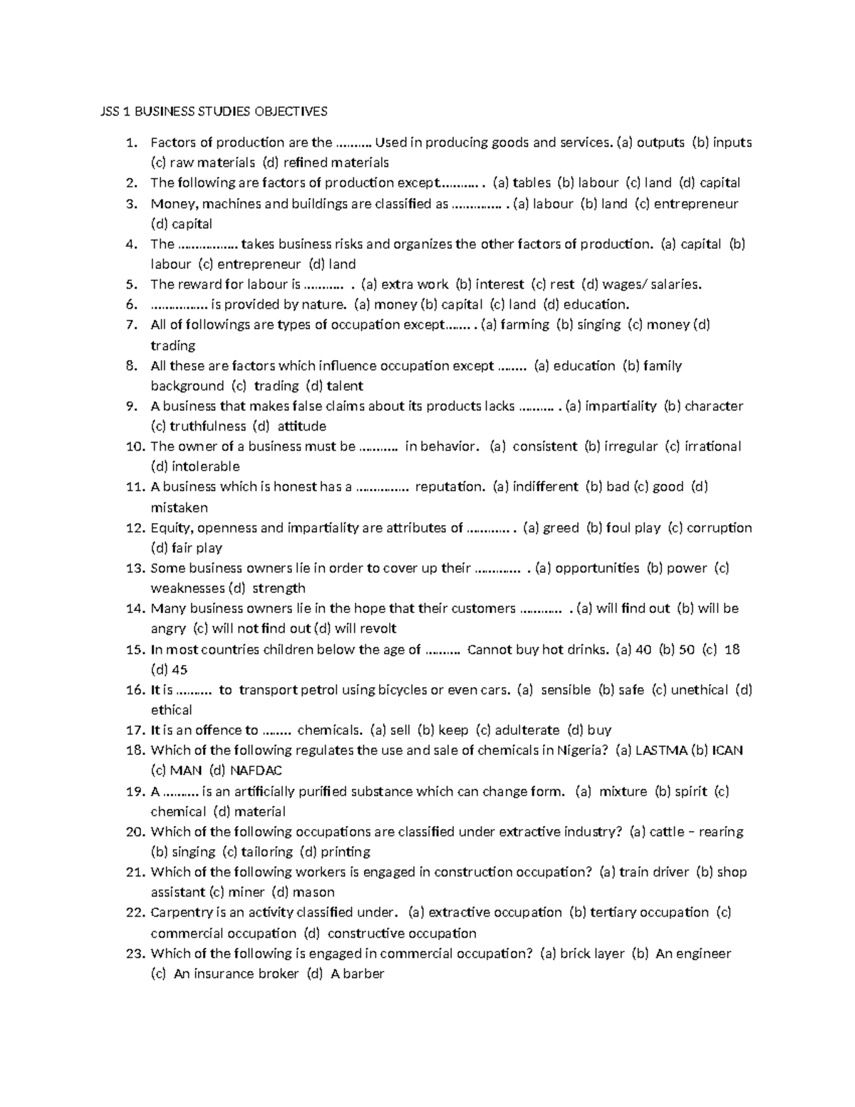 JSS1 Business Studies Second Term Exam Questions & Answers - Studocu