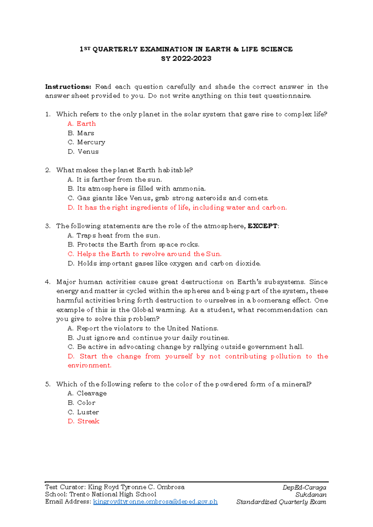 1ST QUARTERLY EXAM ANSWER KEYS IN EARTH LIFE SCIENCE (ELS Q1 AK) - Studocu