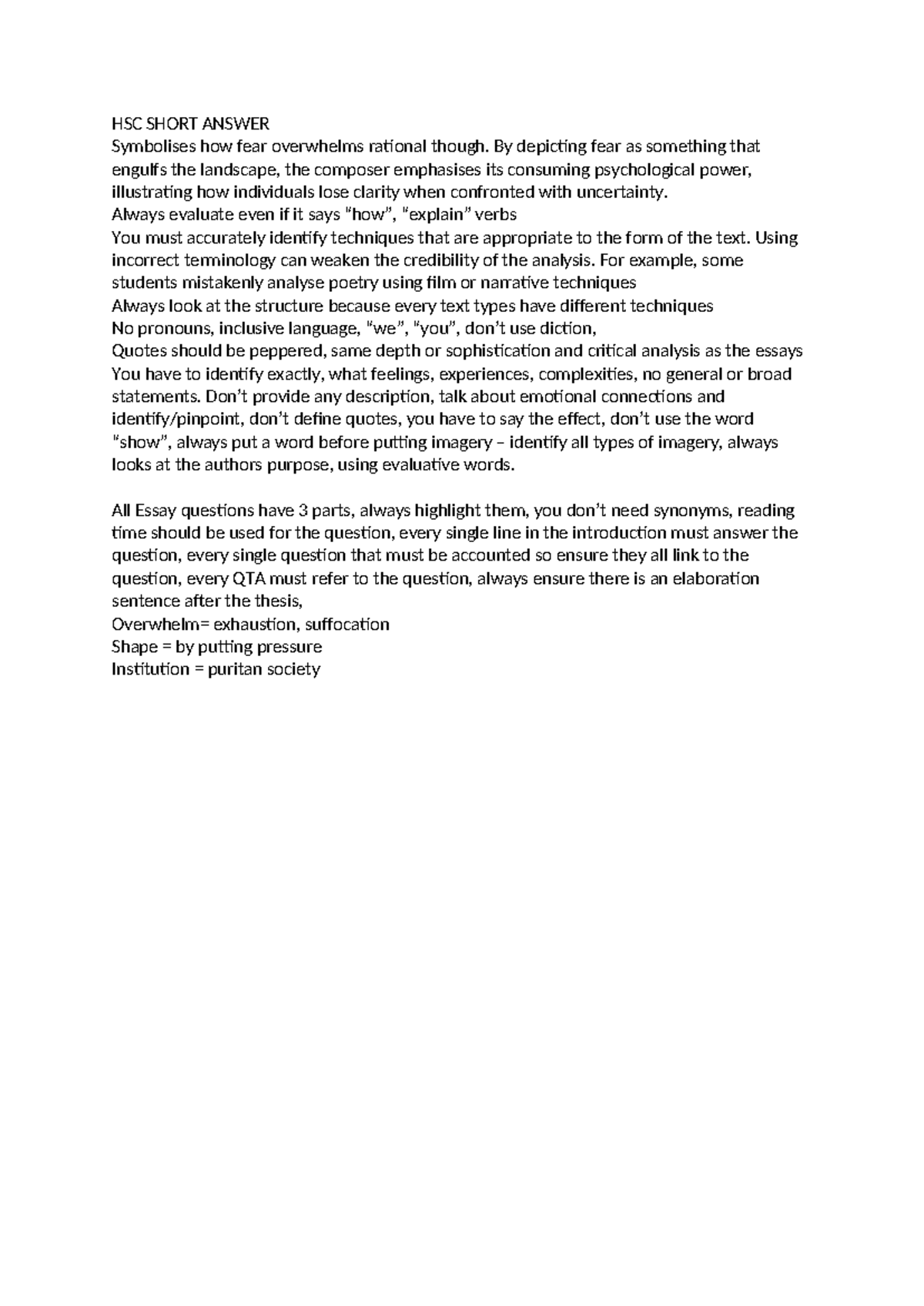HSC English Half Yearly Exam - Short Answer Analysis Guide - Studocu