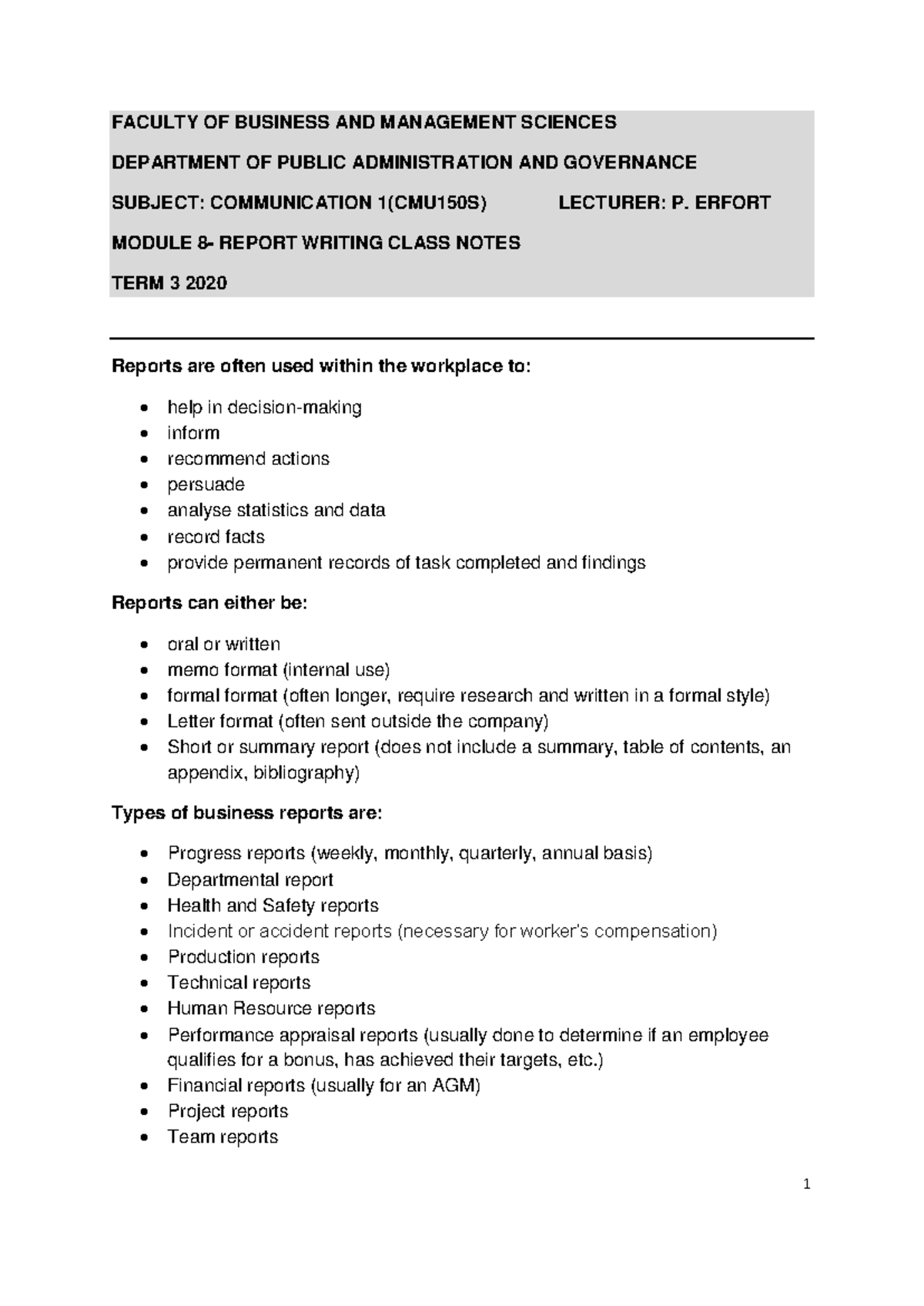 Communication 1 (CMU150S) Module 8: Report Writing Class Notes - Studocu