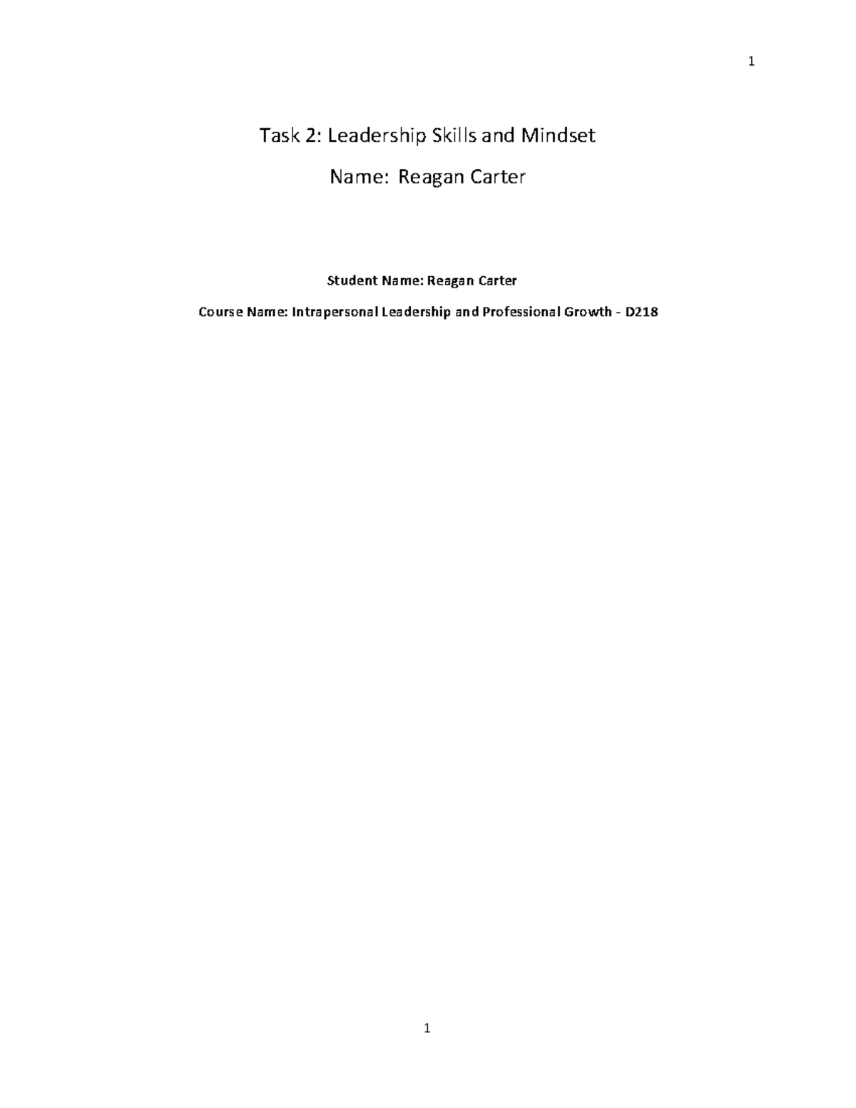 D218 Task 2: Leadership Skills and Mindset Reflection by Reagan Carter ...