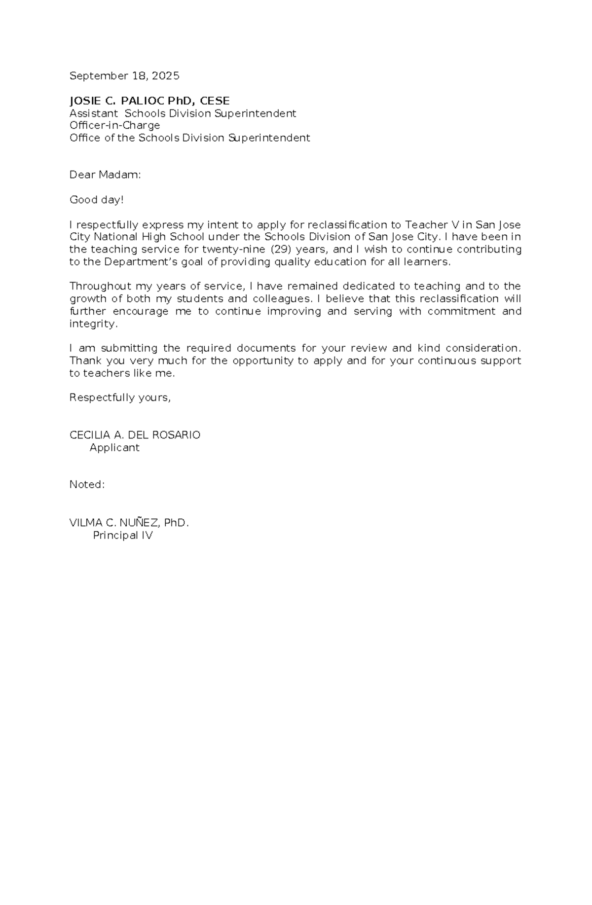 DRF-Letter of Intent for Teacher V Reclassification Application - Studocu