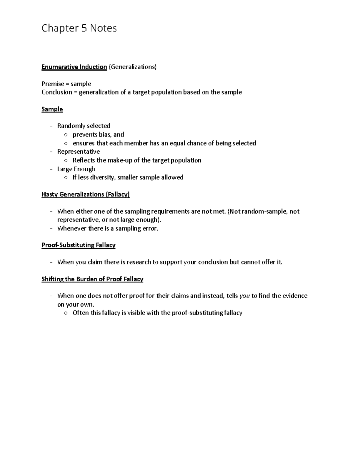 Chapter 5 Notes - Enumerative Induction(Generalizations) Premise ...