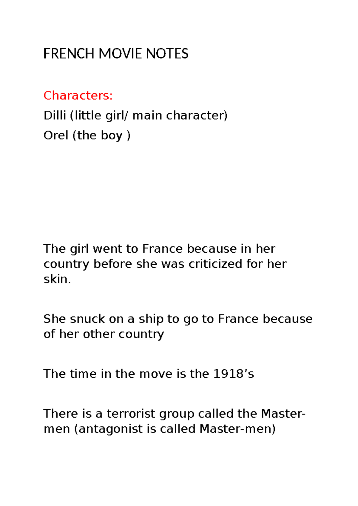 French Movie Notes - deez - FRENCH MOVIE NOTES Characters: Dilli ...