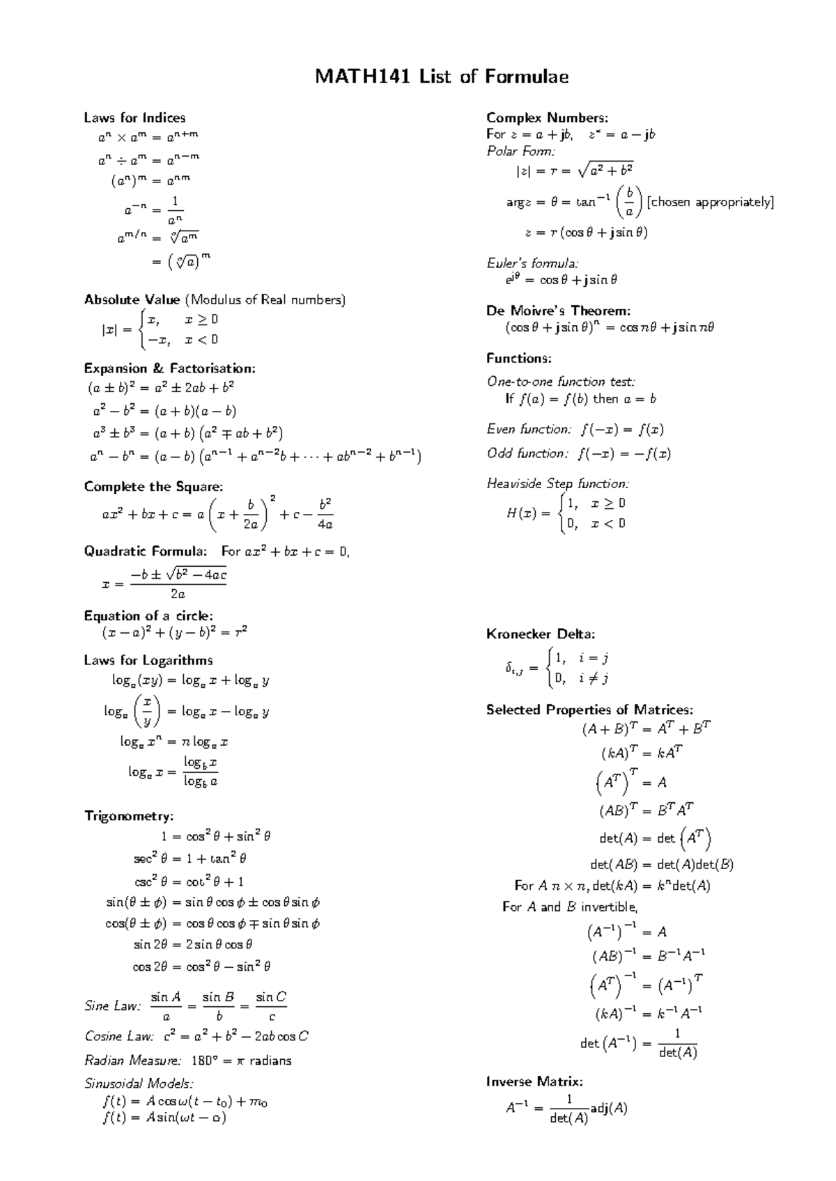 MATH141 Midterm Formula Sheet for Complex Numbers and Trigonometry ...