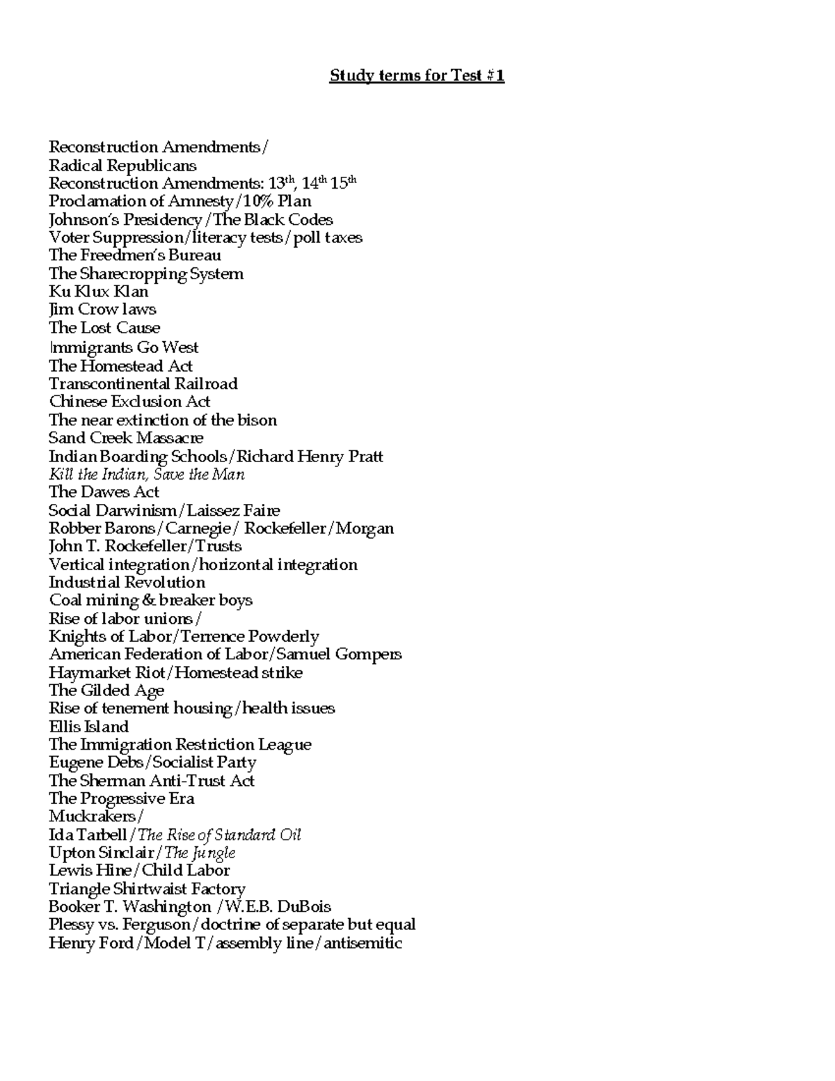 US II Study Terms for Test #1 (Spring '24) on Reconstruction & Labor ...