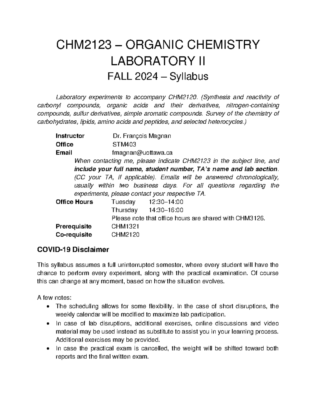 CHM2123 Organic Chemistry Lab II Fall 2024 Syllabus and Schedule - Studocu