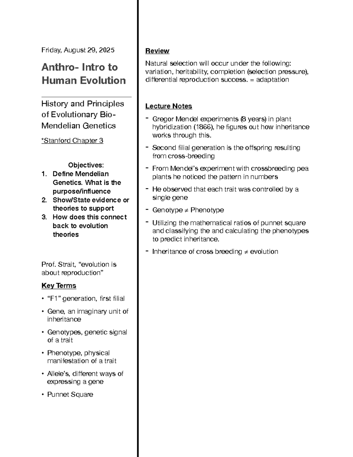 Anthro- Intro to Human Evolution Lecture Notes - Studocu