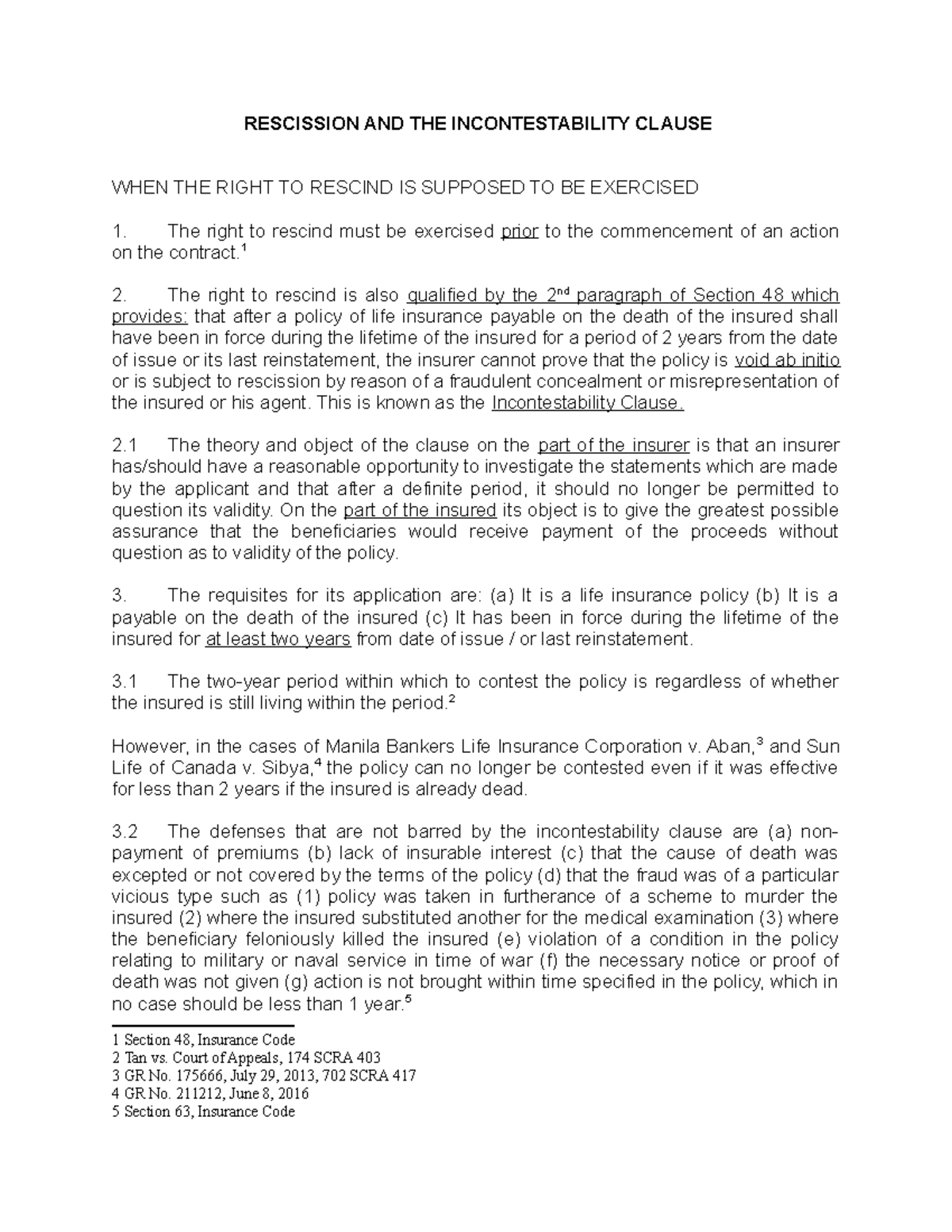 11. Rescission and Incontestability Clause - RESCISSION AND THE ...
