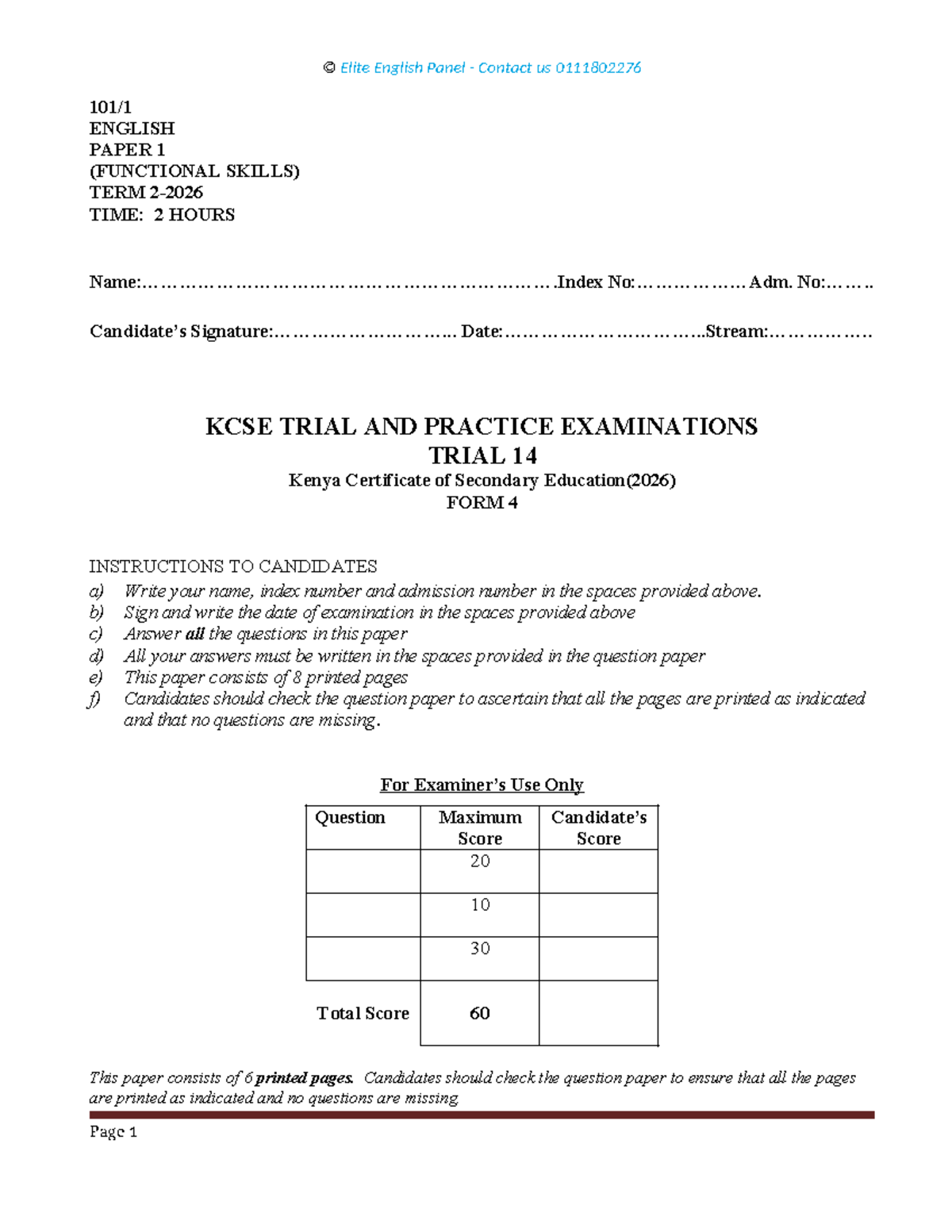 KCSE Trial 14: English Paper 1 (Functional Skills) Exam Guide - Studocu