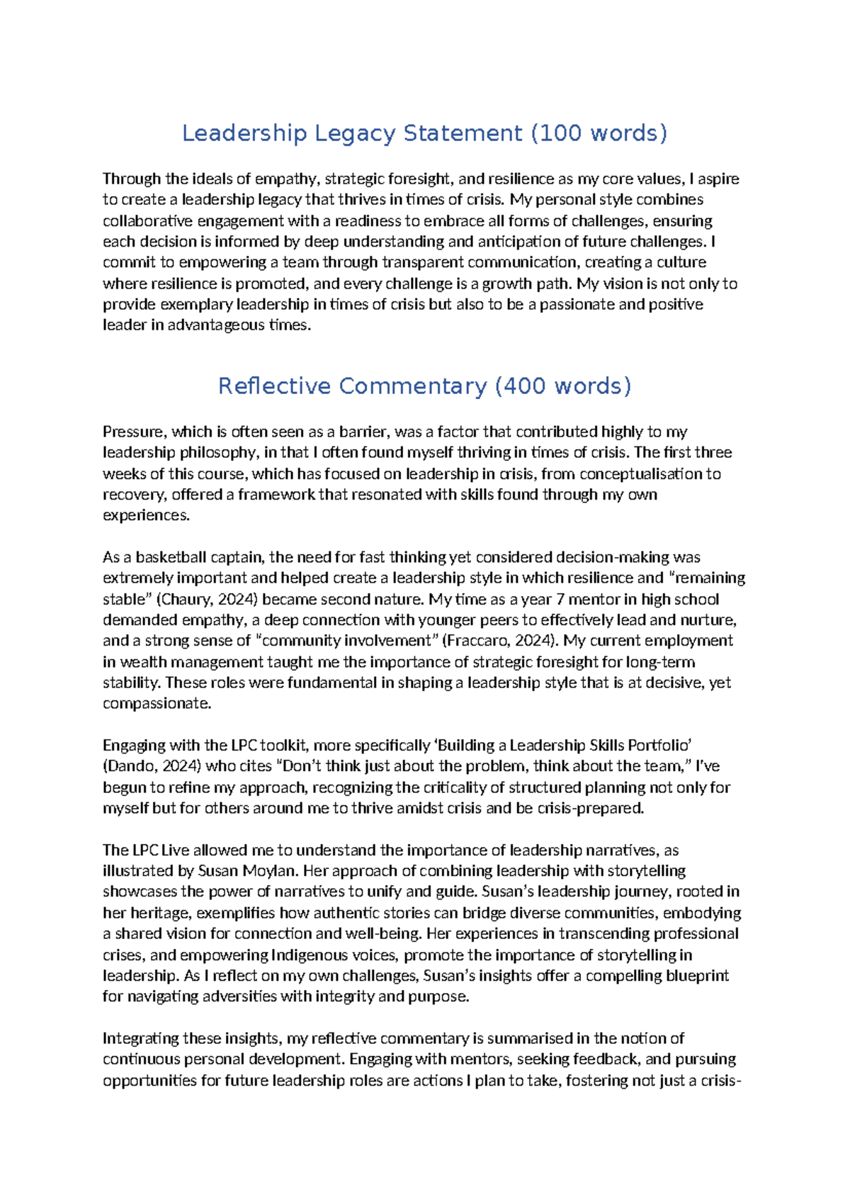 OLES2210 assignment - Leadership Legacy Statement (100 words) Through ...