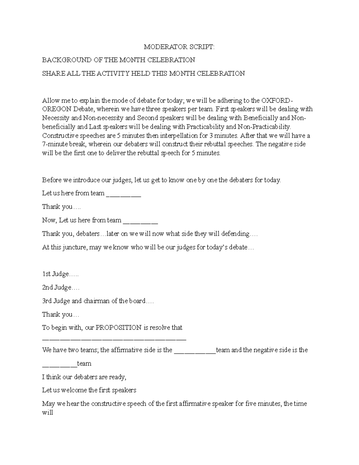 Moderator Script for Oxford-Oregon Debate on Monthly Celebration ...