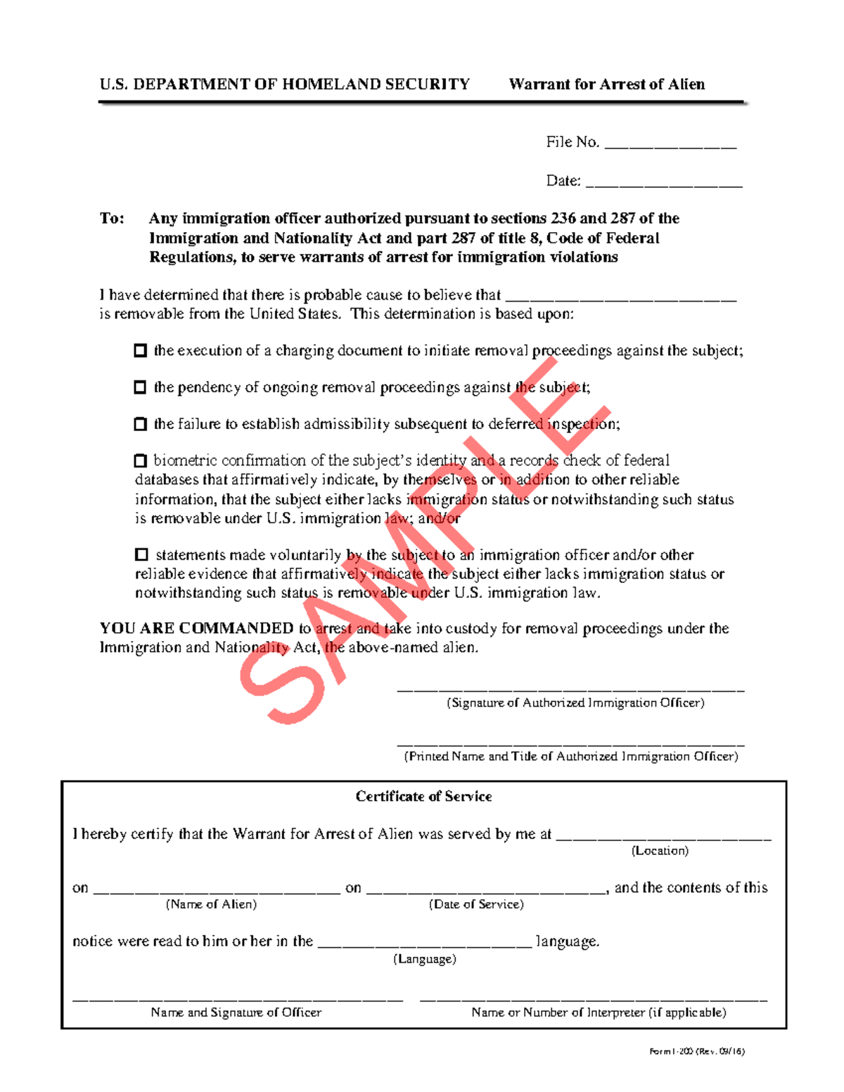 I-200 Sample: Warrant for Arrest of Alien - Immigration Proceedings ...