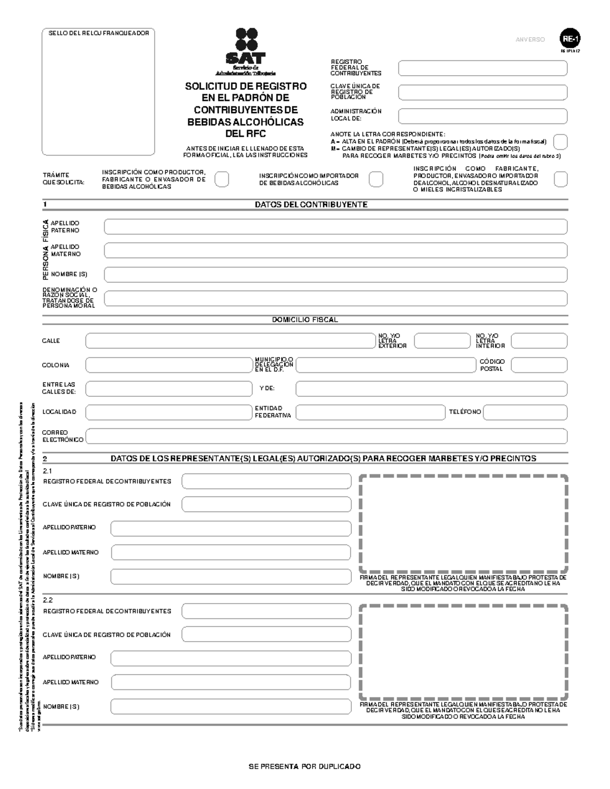 Formato RE-1 - Solicitud de Registro de Contribuyentes de Bebidas ...