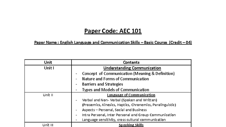 AEC 101: English Language & Communication Skills Syllabus - Studocu