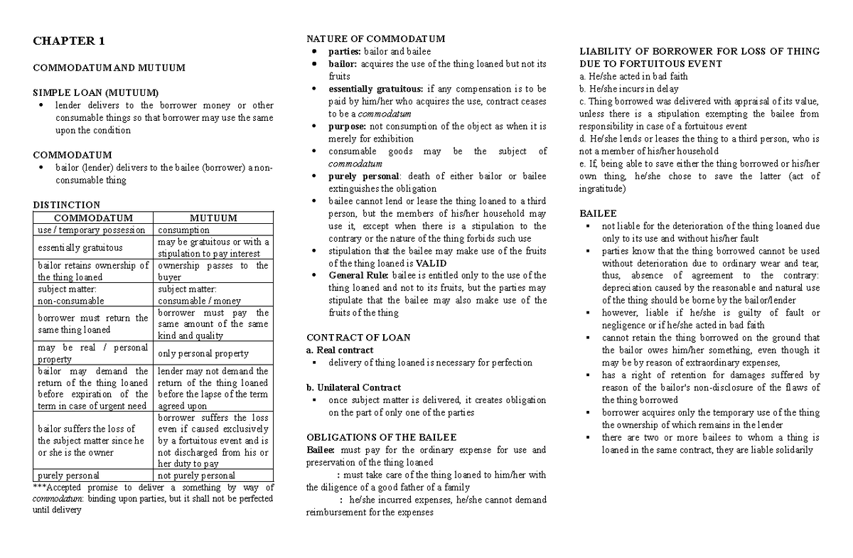 CHAPTER 1: COMMODATUM AND MUTUUM IN CREDIT TRANSACTIONS (LAW 101) - Studocu