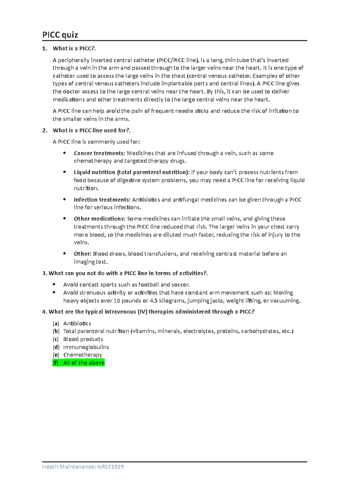 PICC Quiz Review - Health Maintenance: NRS - Studocu