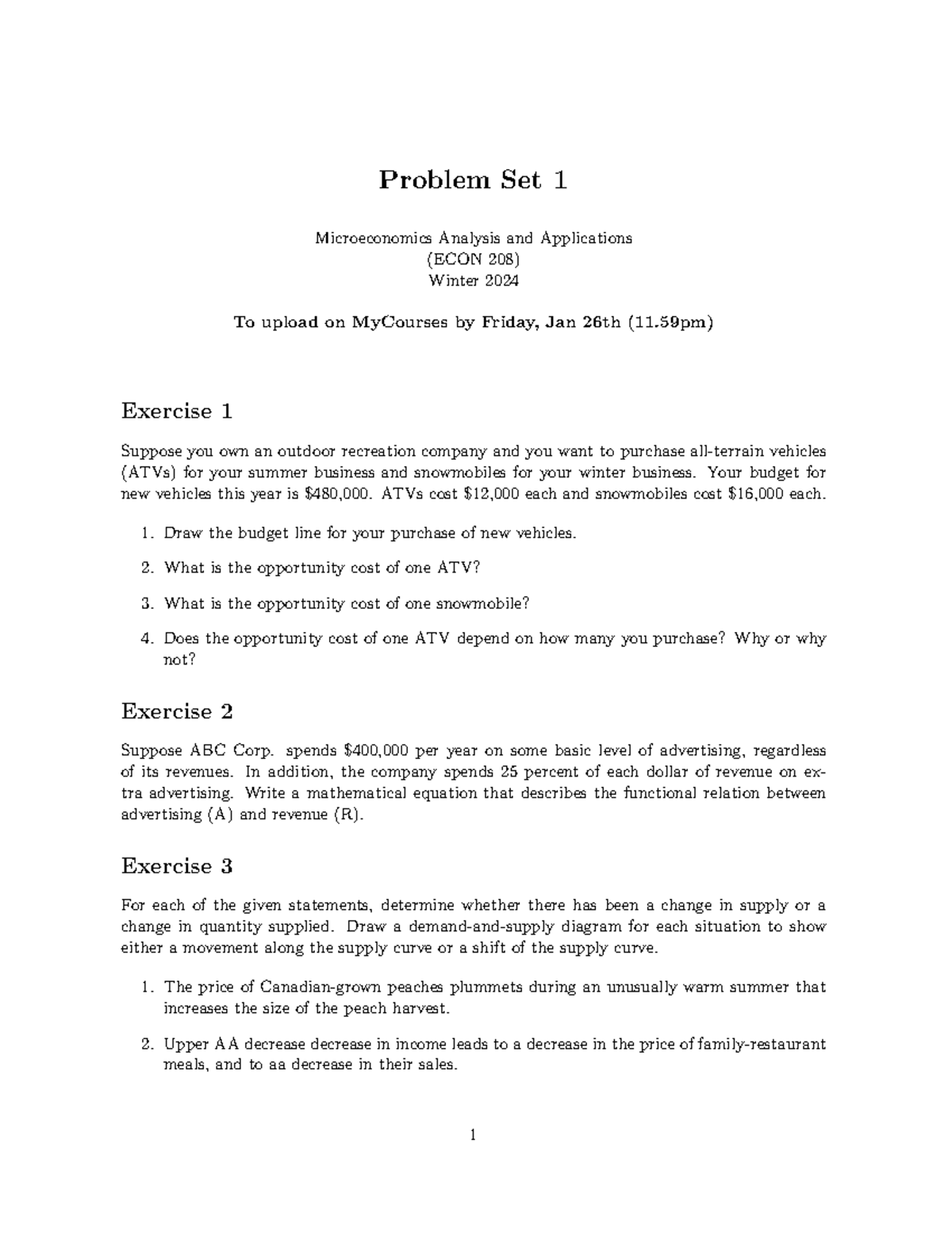 ECON 208 Problem Set 1: Microeconomics Analysis - Winter 2024 - Studocu