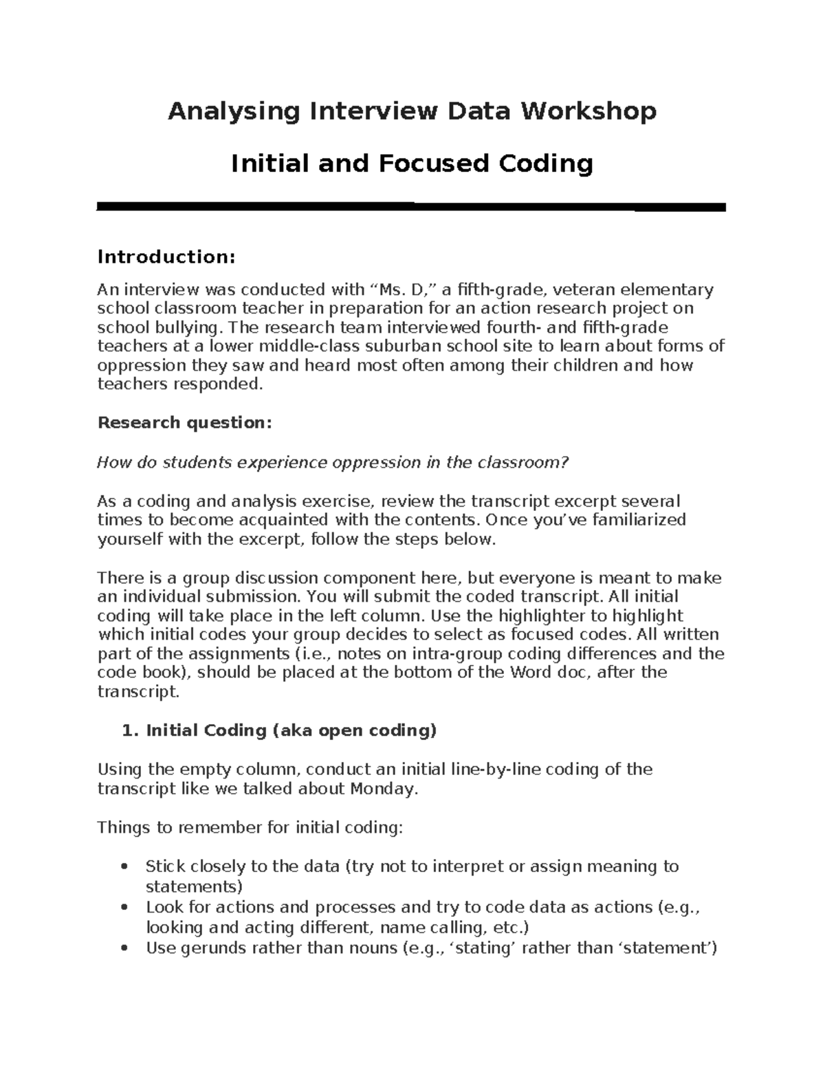 Analyzing Interview Data: Coding Workshop Exercise (EDU 101) - Studocu