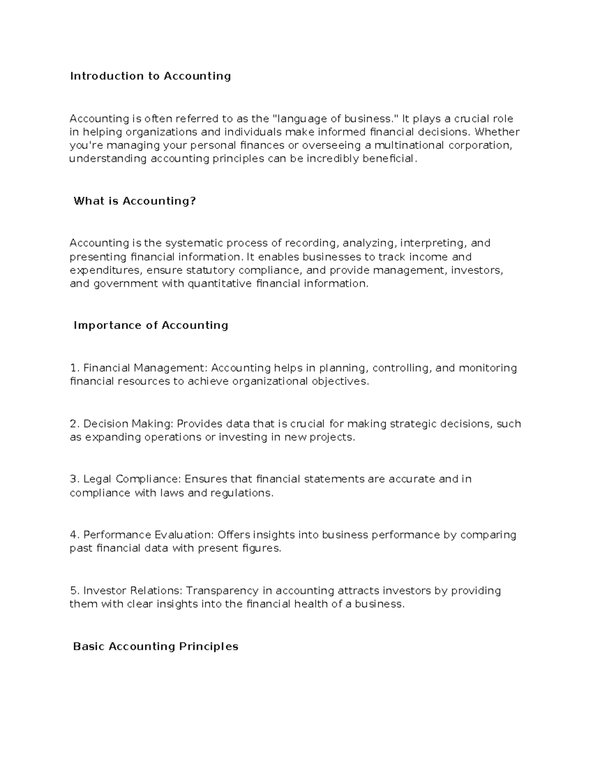Lecture 1: Introduction to Accounting Principles and Importance - Studocu