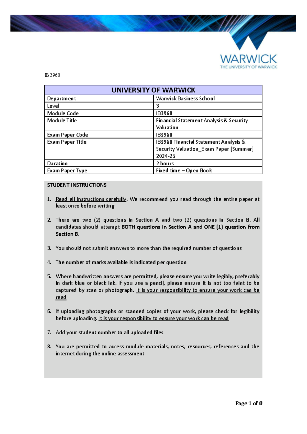 IB3960 Financial Statement Analysis Exam Paper - 2025 Edition - Studocu
