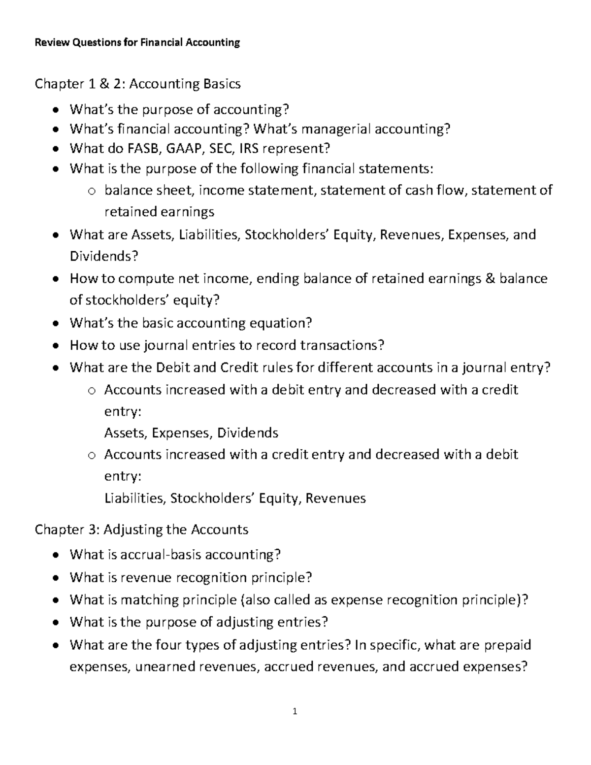 Review Questions for Financial Accounting - Chapters 1-13 - Studocu