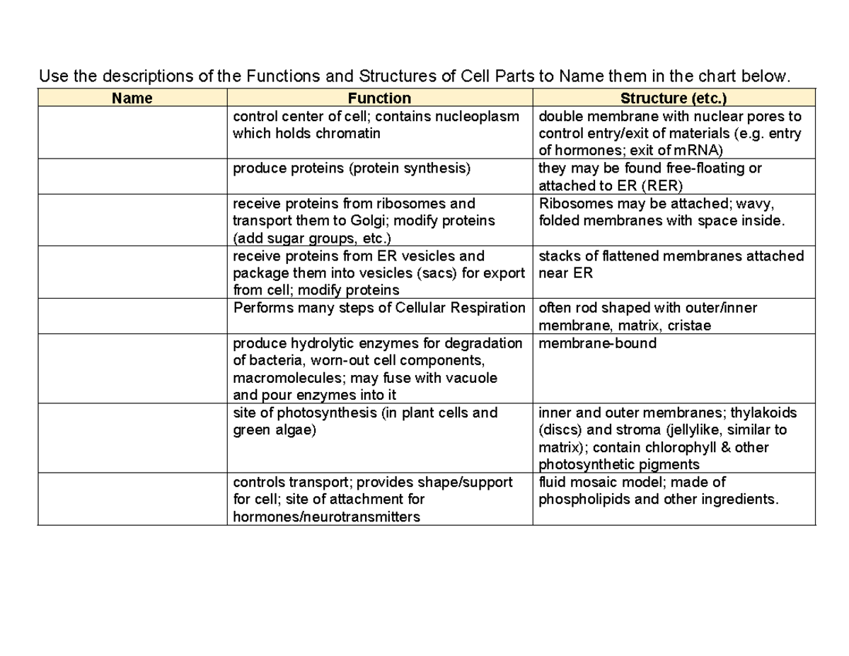 Organelles Structure and Function Chart for Cell Parts - Studocu
