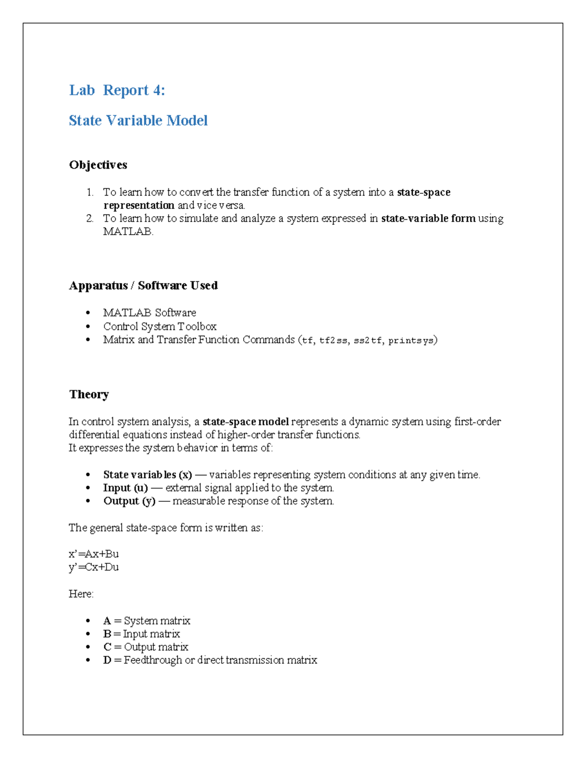 Lab Report 4: State Variable Model & MATLAB Analysis - Studocu