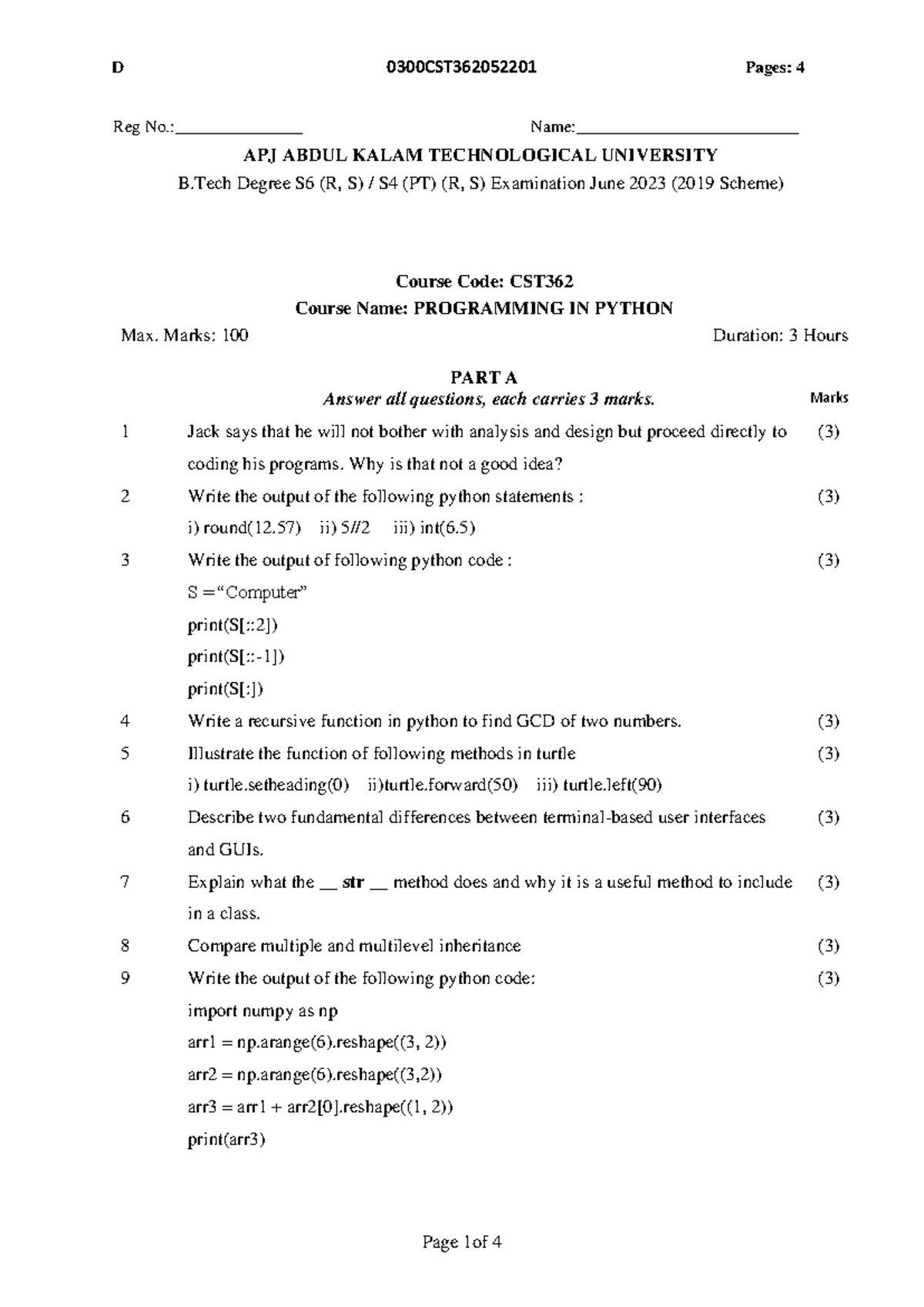 CST362 - B.Tech S6 Programming in Python Exam Questions June 2023 - Studocu