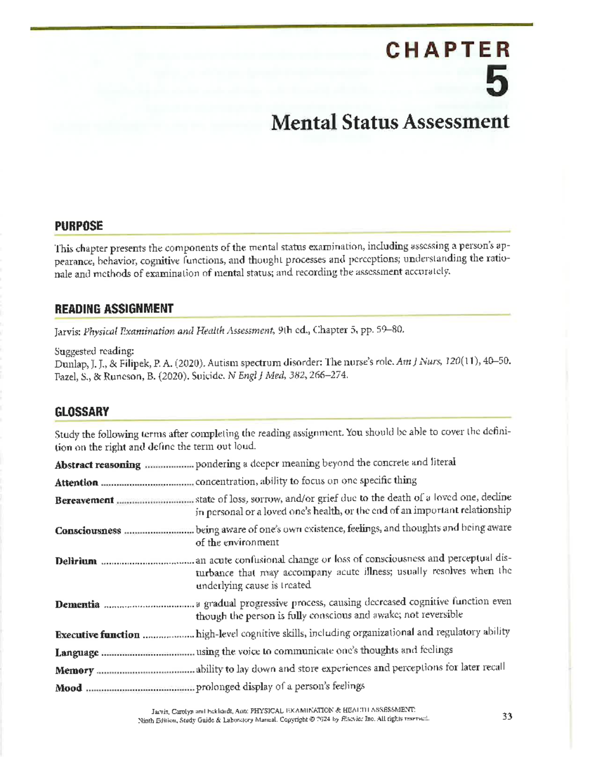 CH 5 Jarvis Study Guide Mental Status Assessment - CHAPTER 5 Mental ...