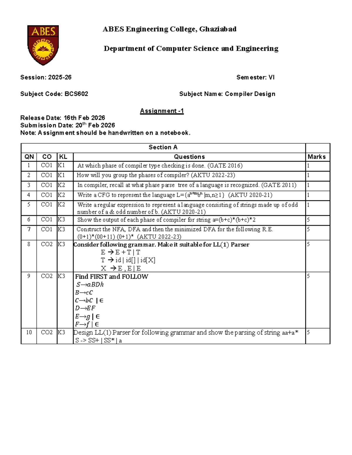 BCS602 Compiler Design Unit 1 Assignment (2025-26) - Studocu