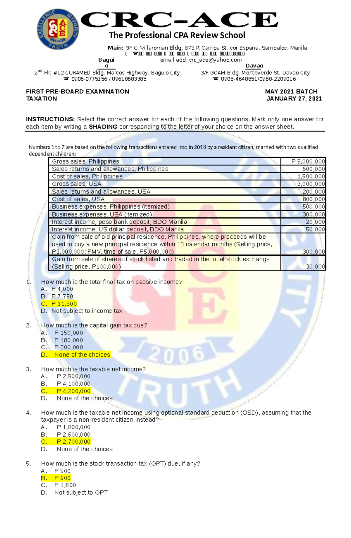 Taxation First PRE-Board Exam Review Guide - May 2021 - Studocu