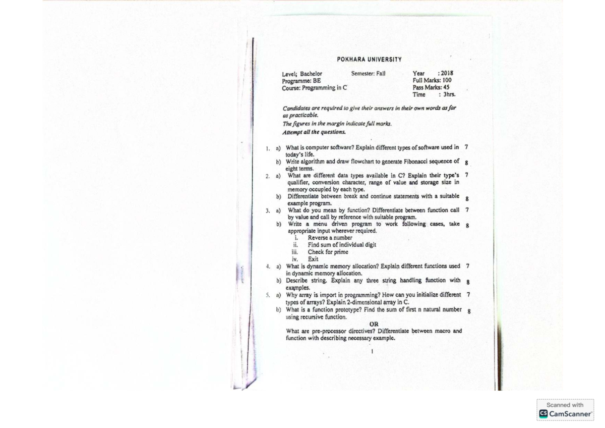 POKHARA UNIVERSITY BE Programming in C Final Exam Questions - Fall 2023 ...