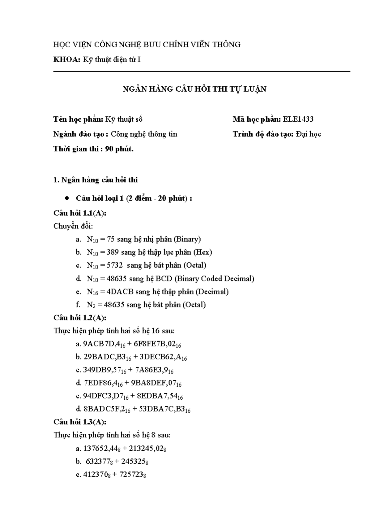 Ngân hàng câu hỏi KTS CNTT 2016 - Môn Kỹ thuật số (ELE) - Document Preview