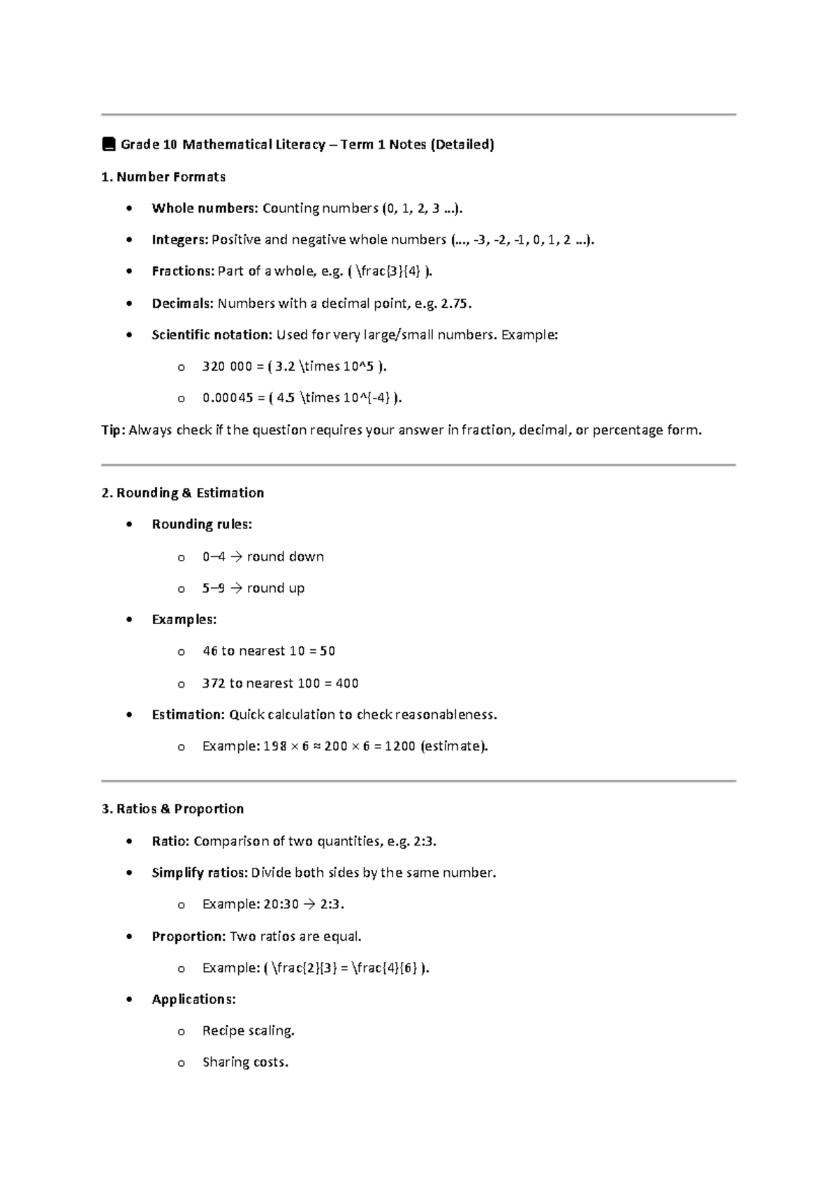 Grade 10 Mathematical Literacy Term 1 Detailed Notes - Studocu