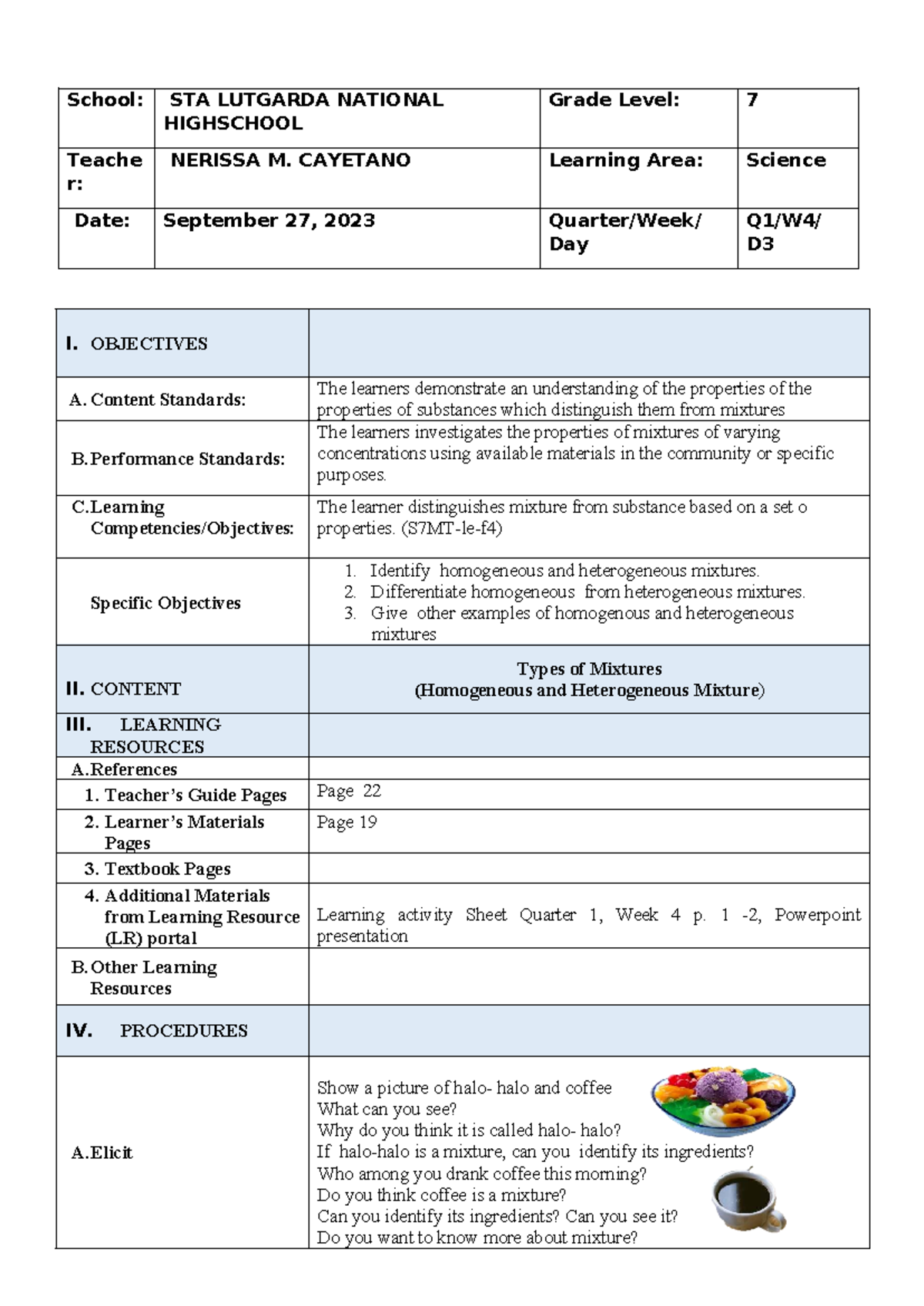 Types of Mixtures Lesson Plan for Grade 7 Science (Q1, W4) - Studocu