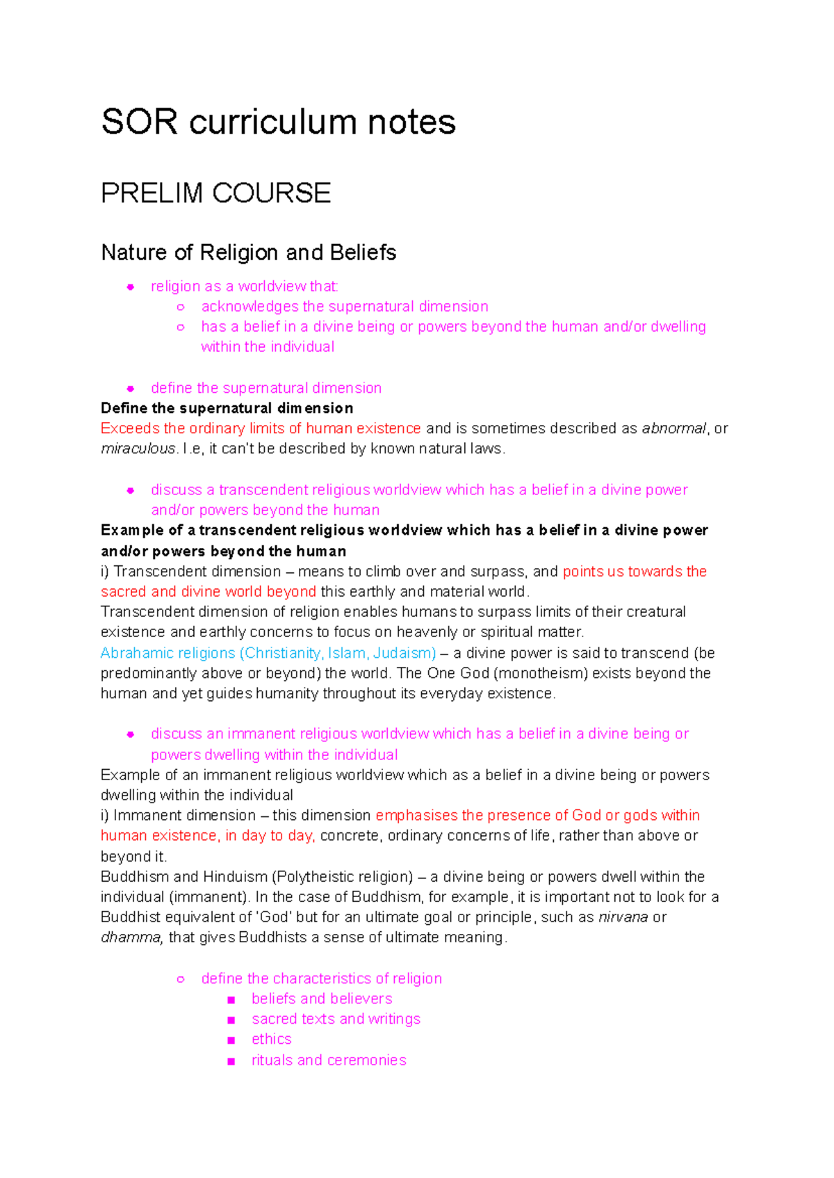 SOR Curriculum Notes - Prelim Course: Nature of Religion & Islam - Studocu