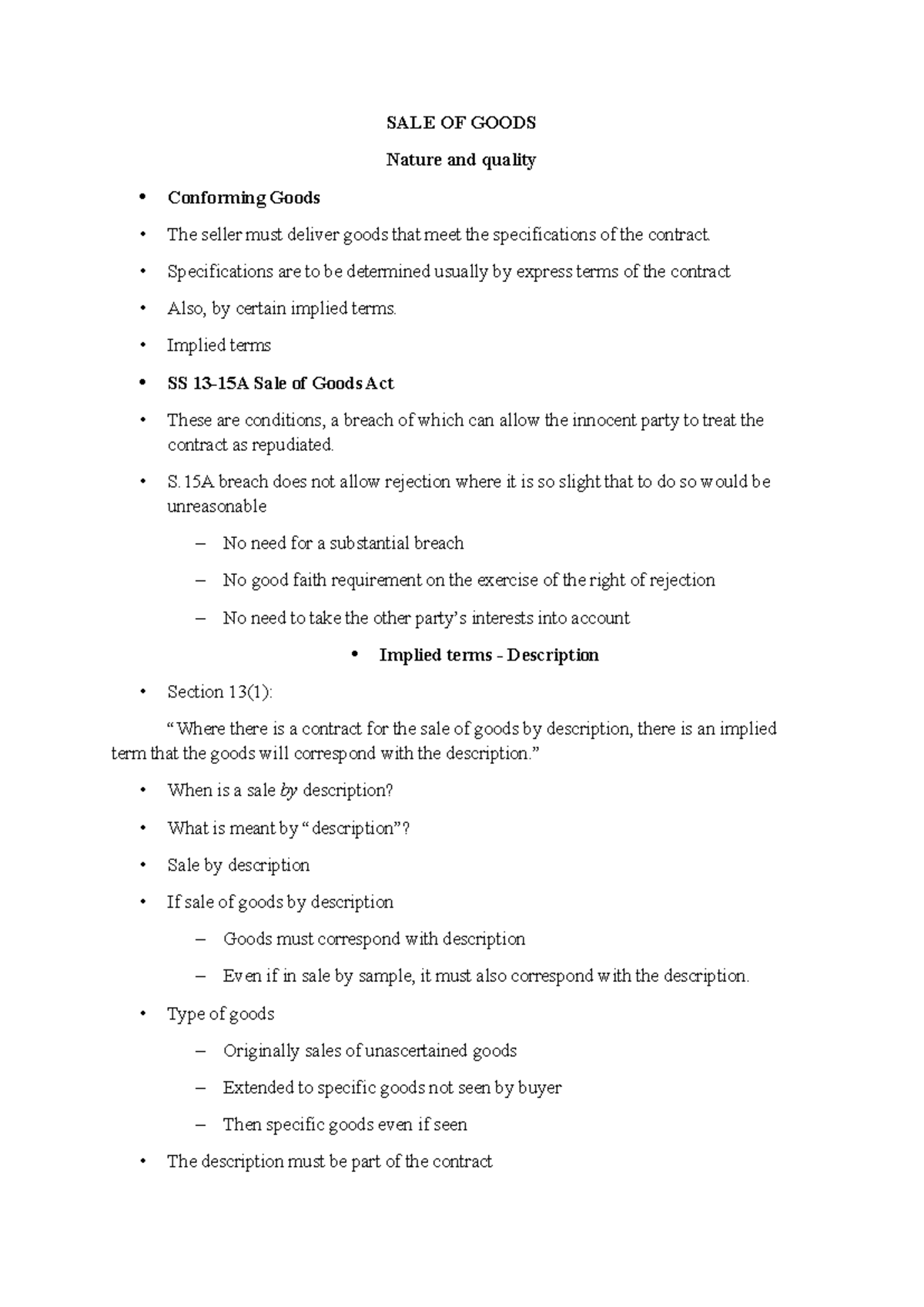 Revision Notes on Sale of Goods and Banking Law (Course Code: LAW101 ...