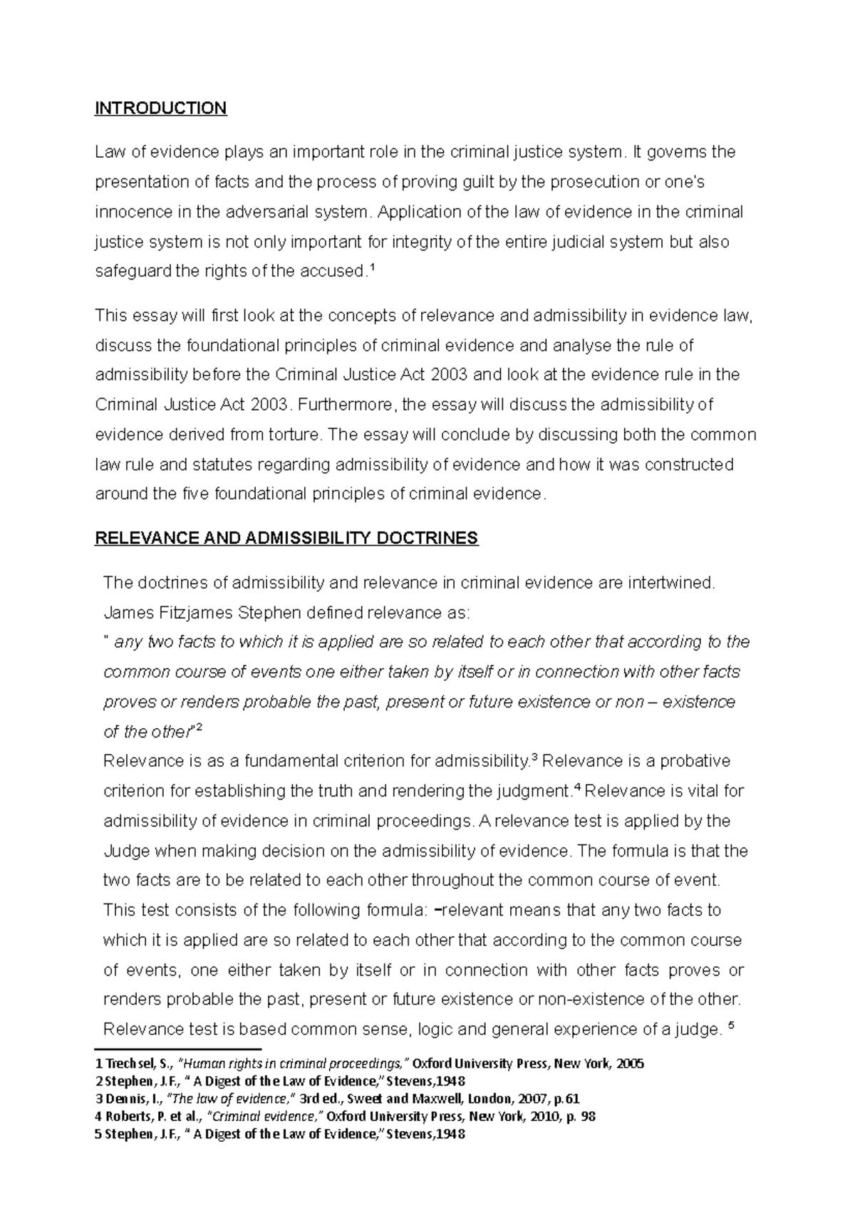 LAW OF Evidence Essay Analysis: Relevance, Admissibility, and ...