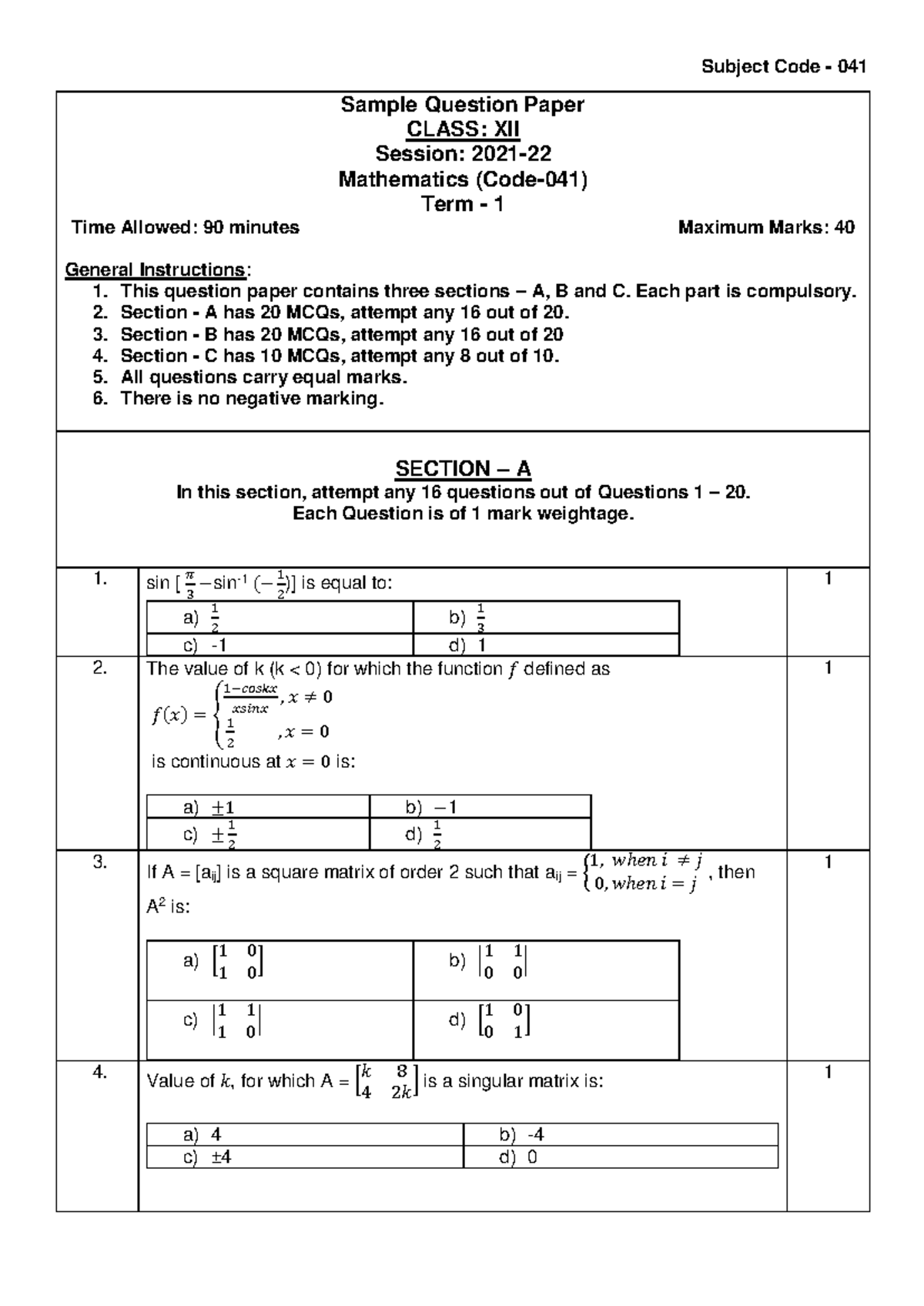 Maths-041 Term 1 Sample Question Paper for CLASS XII Students - Studocu