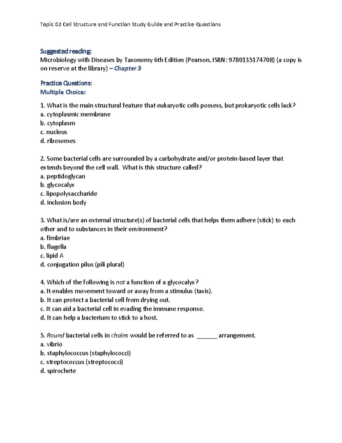 Topic 02: Cell Structure & Function Study Guide & Practice Questions ...