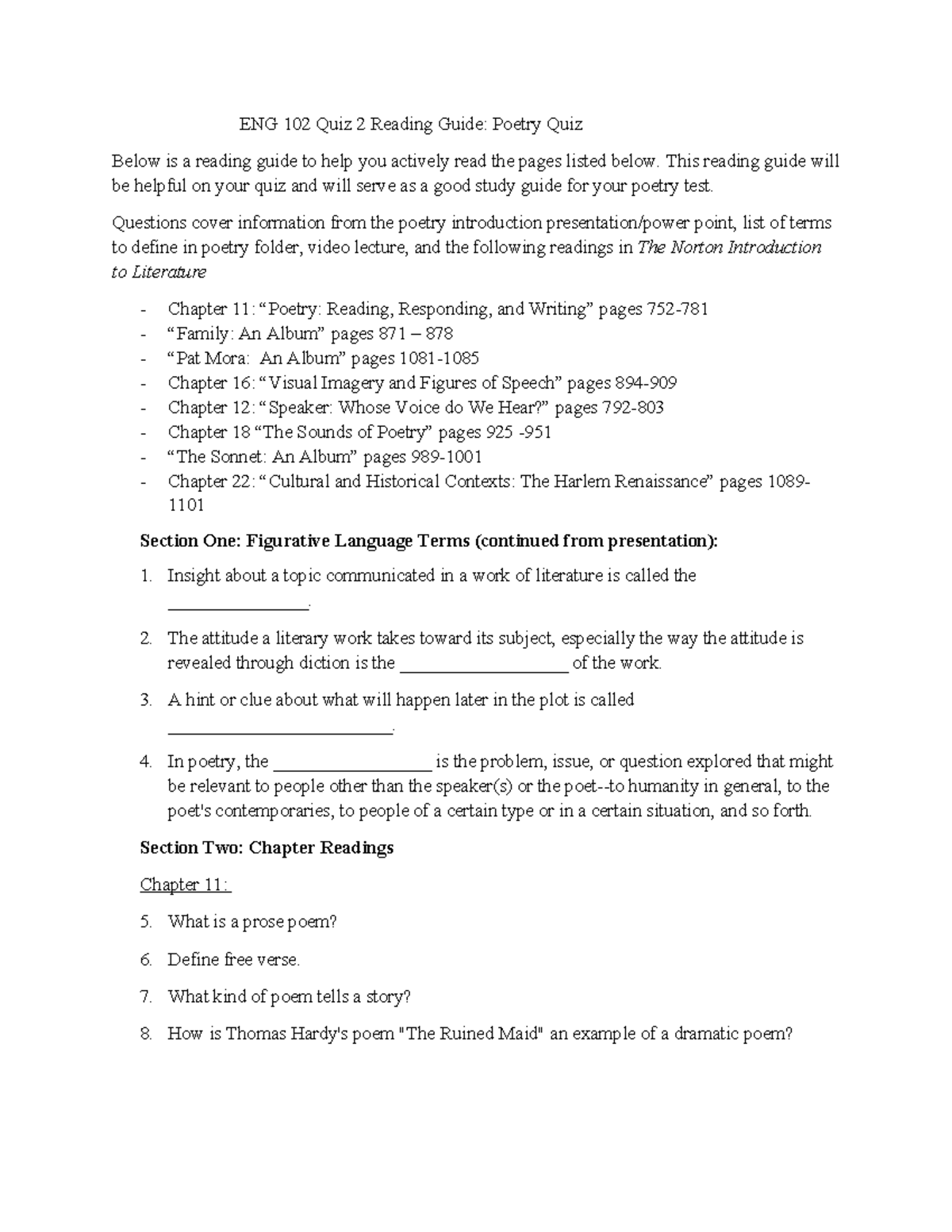 ENG 102 Quiz 2 Poetry Test Study Guide & Reading Guide - Studocu