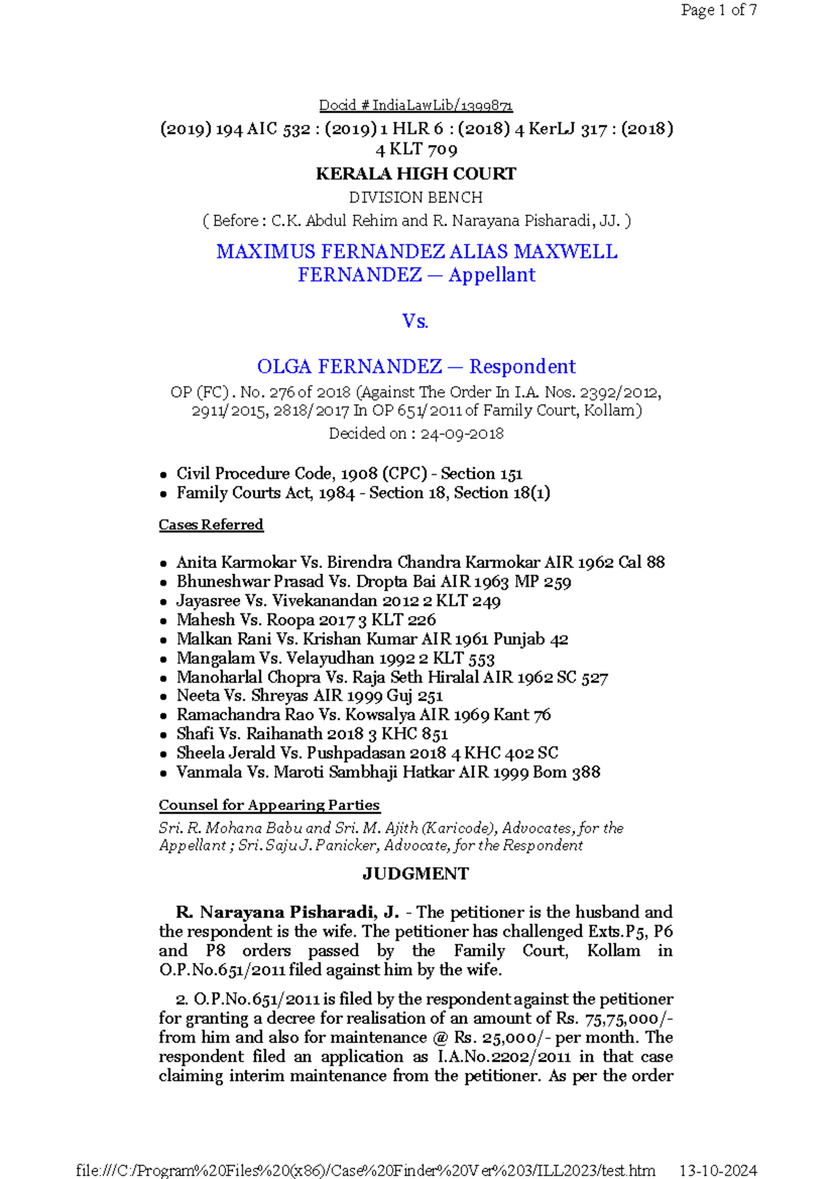 OP (FC) No. 276/2018: Kerala High Court Judgment on Interim Maintenance ...