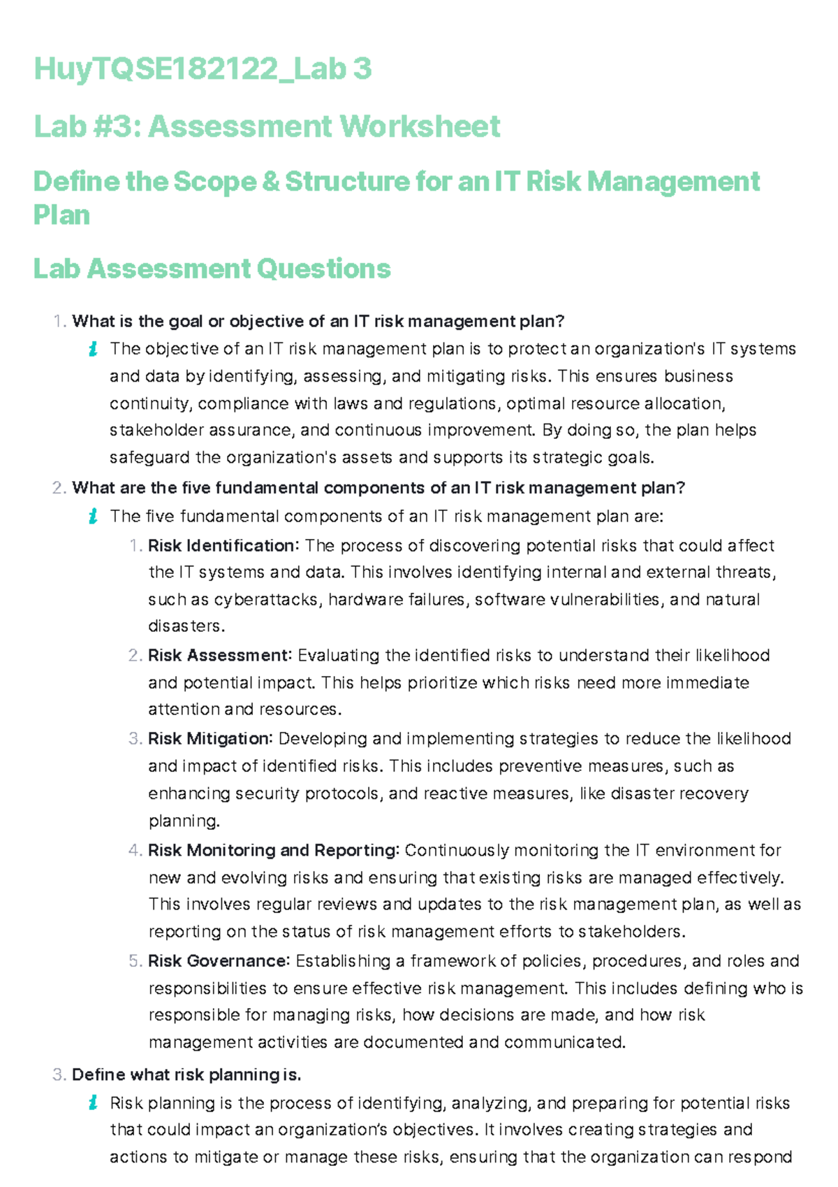 HuyTQSE182122_Lab 3: IT Risk Management Plan Scope & Structure - Studocu