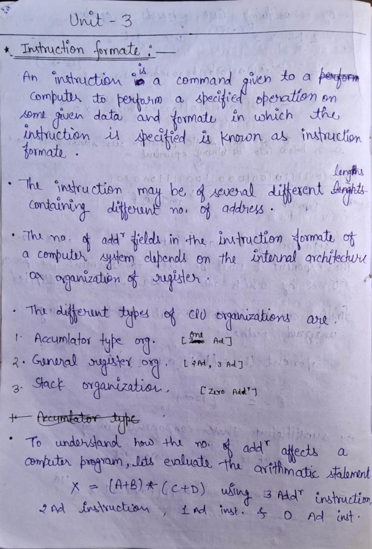 Coa Unit 3 - Instruction Formats and CPU Organizations - Studocu